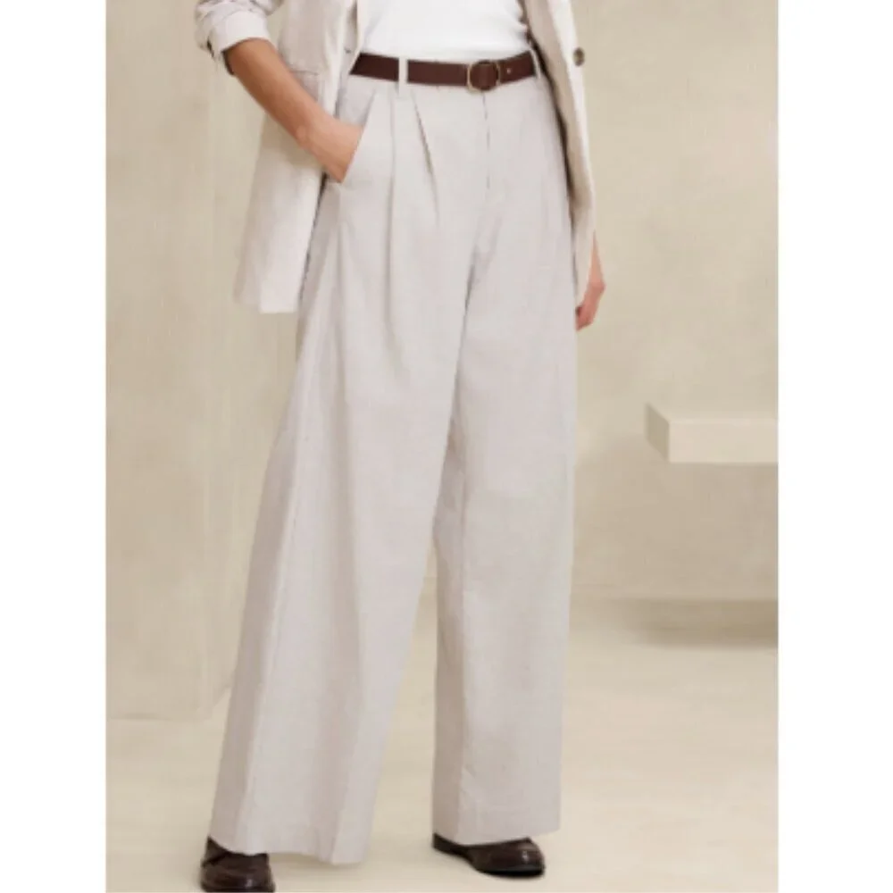 Banana Republic High Rise Pleated Wide Leg Linen Cotton Pants Black Size 14 NWT